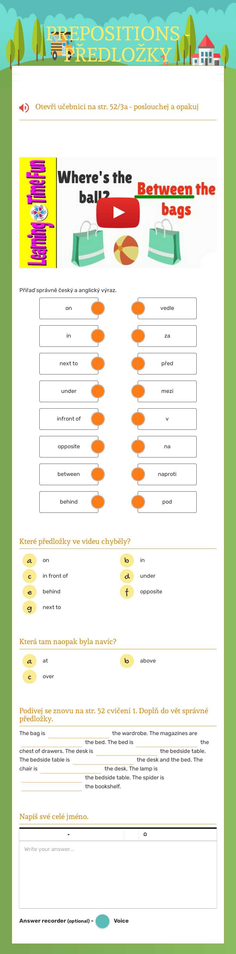 PREPOSITIONS - PŘEDLOŽKY Grade 5 worksheet preview