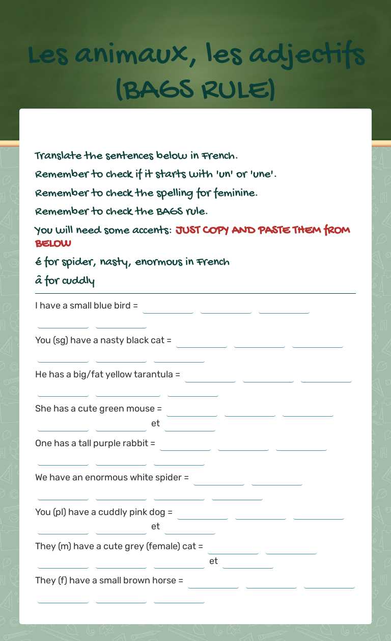 Les animaux, les adjectifs  (BAGS RULE) worksheet preview image