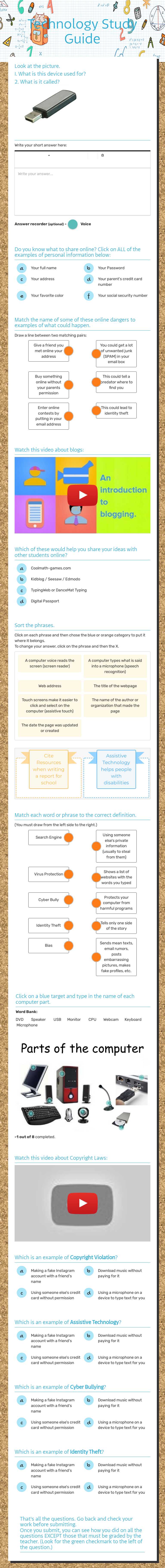 Technology Study Guide worksheet preview image