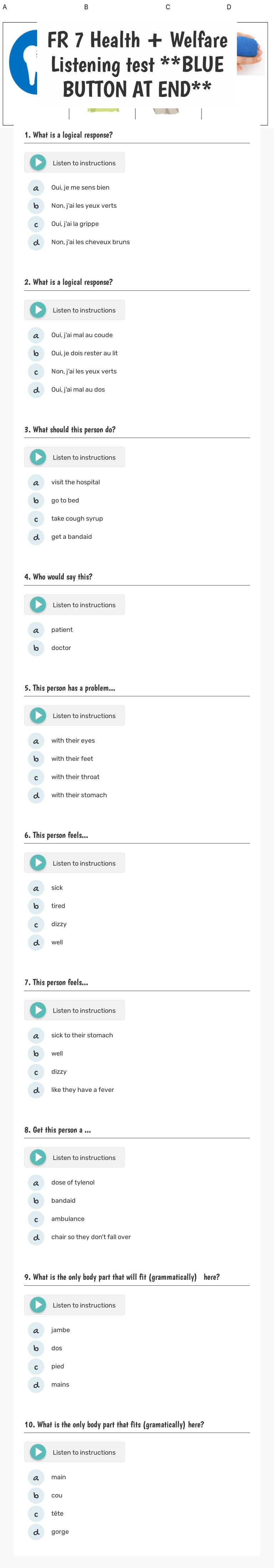 FR 7 Health + Welfare Listening test    
 **BLUE BUTTON AT END** worksheet preview image