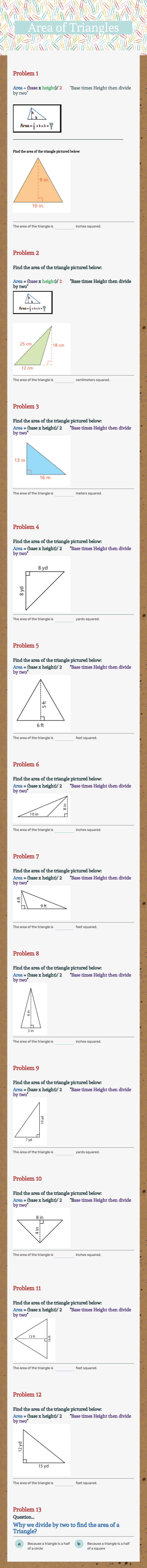 Area of Triangles worksheet preview image