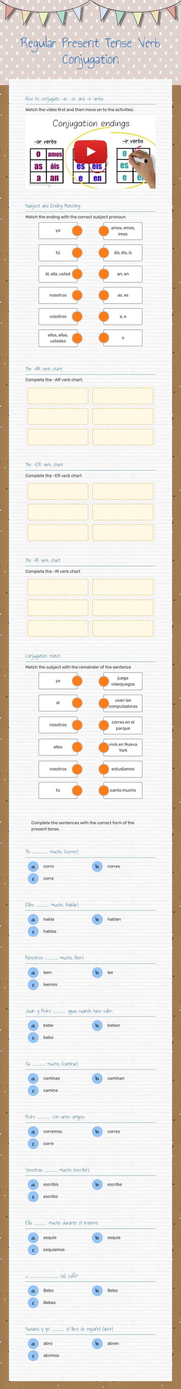 Regular Present Tense 
Verb Conjugation worksheet preview image