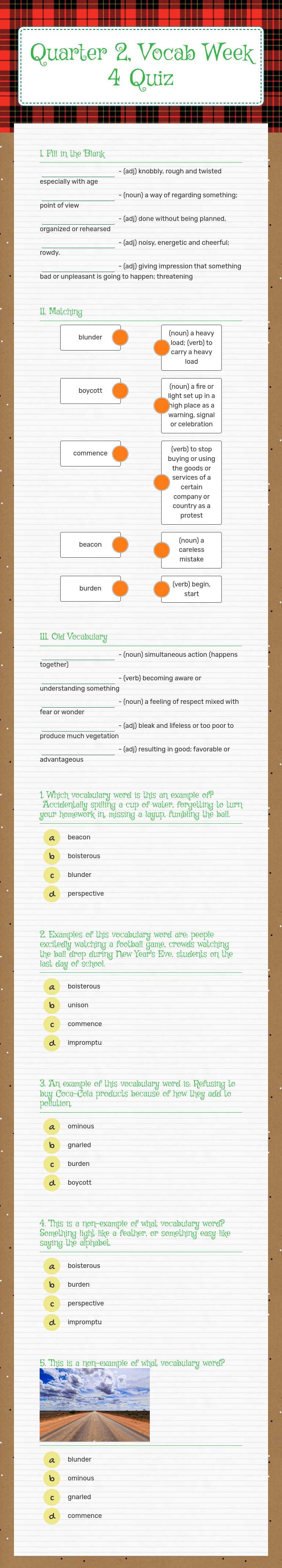 Quarter 2, Vocab Week 4 Quiz worksheet preview image
