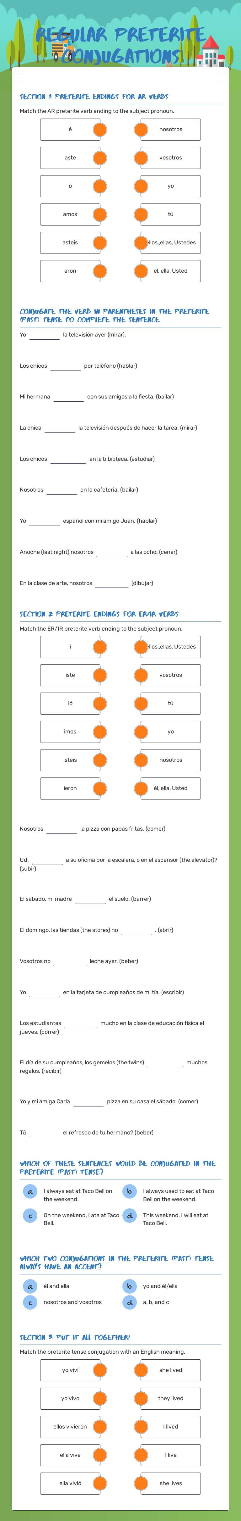 REGULAR PRETERITE CONJUGATIONS worksheet preview image