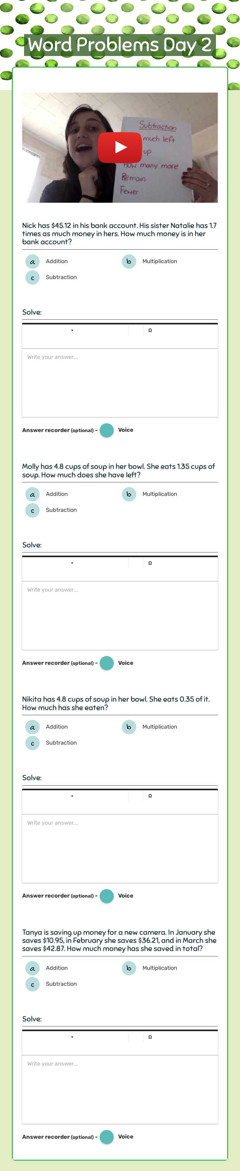 Word Problems Day 2 worksheet preview image