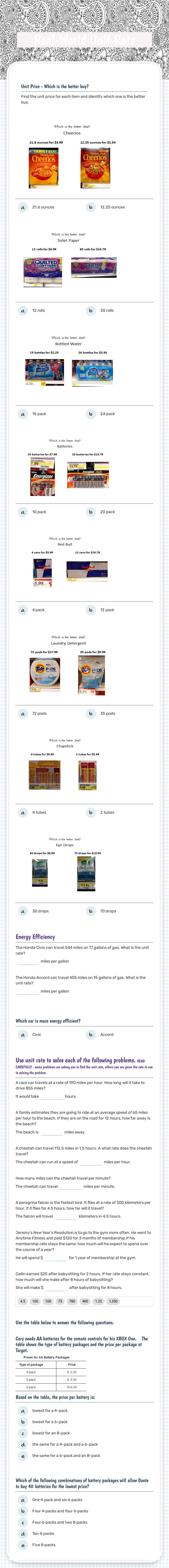 Real-World Unit Rate worksheet preview image