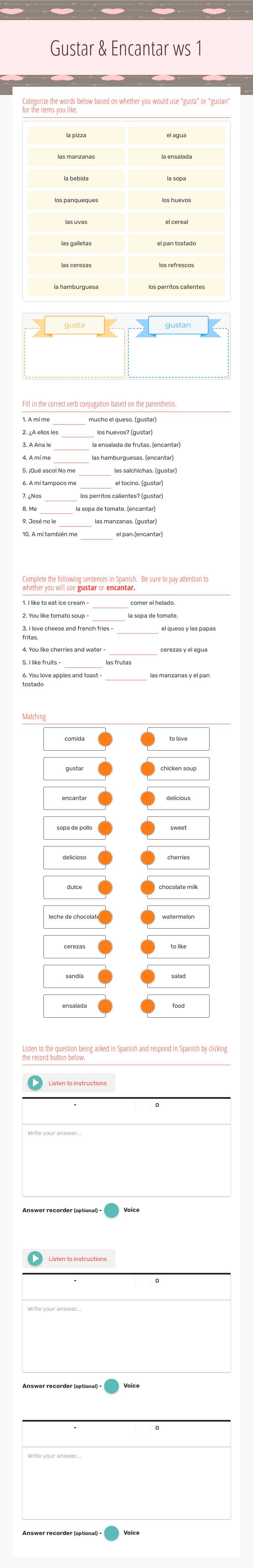 Gustar & Encantar ws 1 Grade 7 worksheet preview