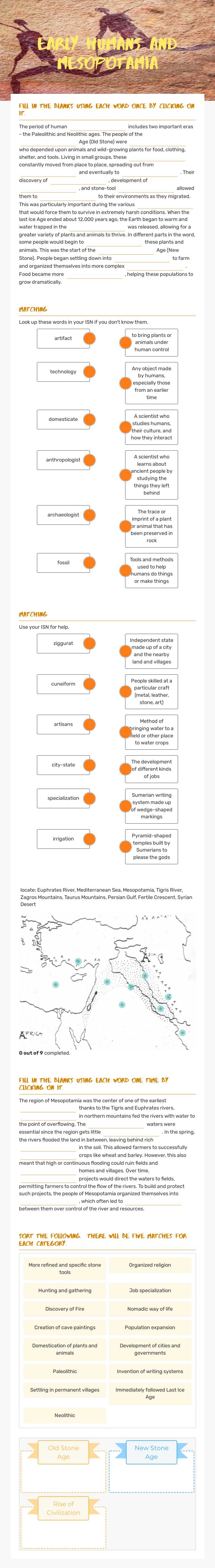 Early Humans and Mesopotamia worksheet preview image