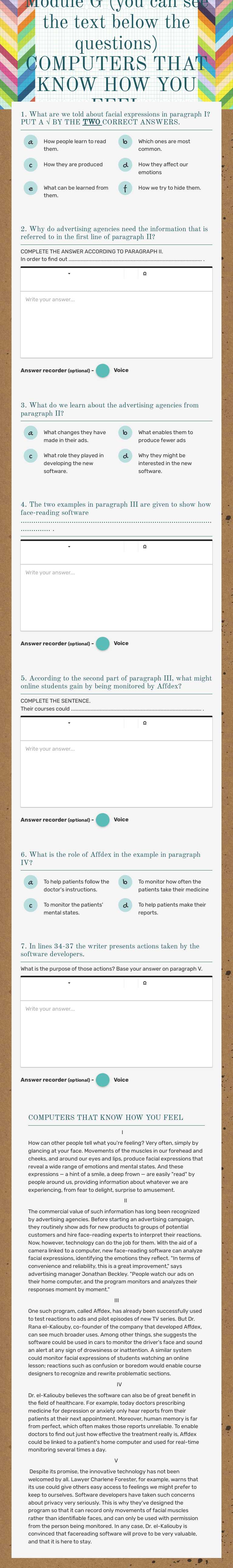 Module G
(you can see the text below the questions)
COMPUTERS THAT KNOW HOW YOU FEEL worksheet preview image