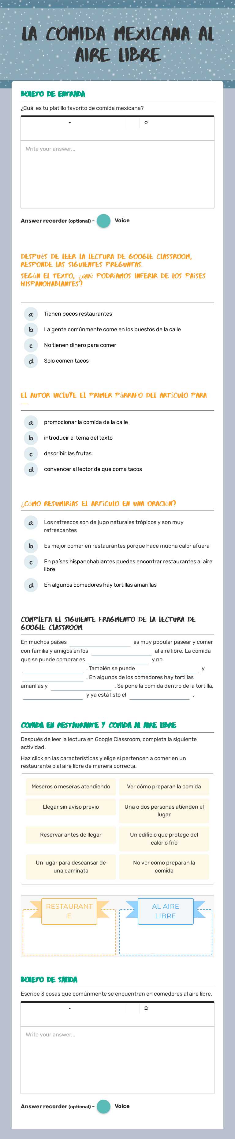 LA COMIDA MEXICANA AL AIRE LIBRE worksheet preview image