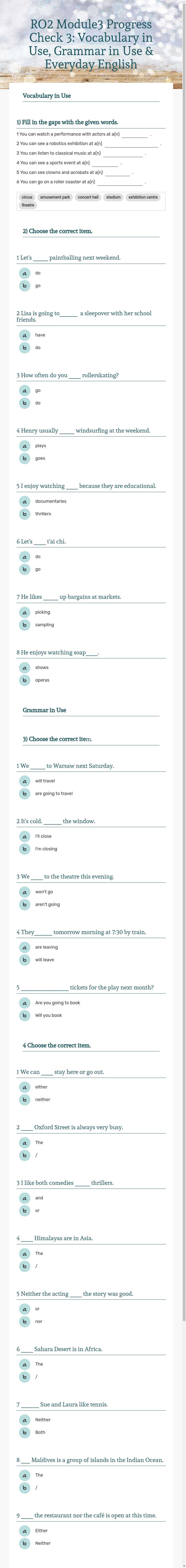 RO2 Module3  
Progress Check 3: Vocabulary in Use, Grammar in Use & Everyday English worksheet preview image