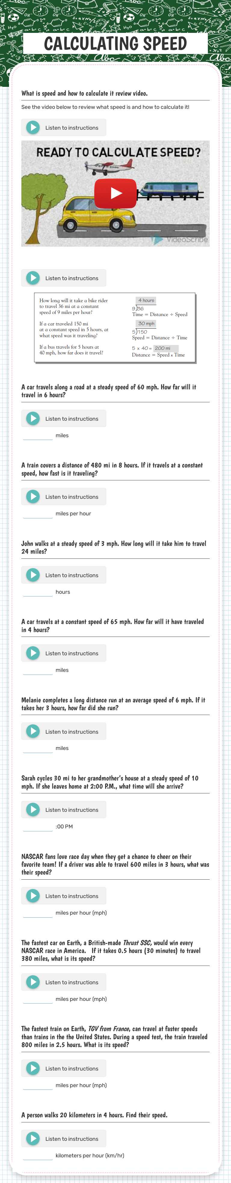 CALCULATING SPEED worksheet preview image