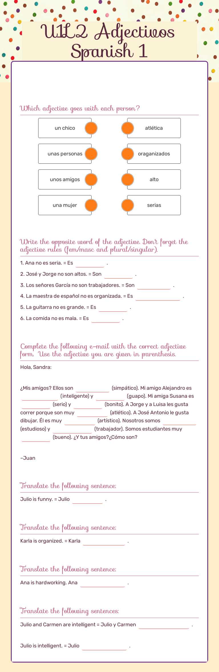 U1L2 Adjectivos Spanish 1 worksheet preview image