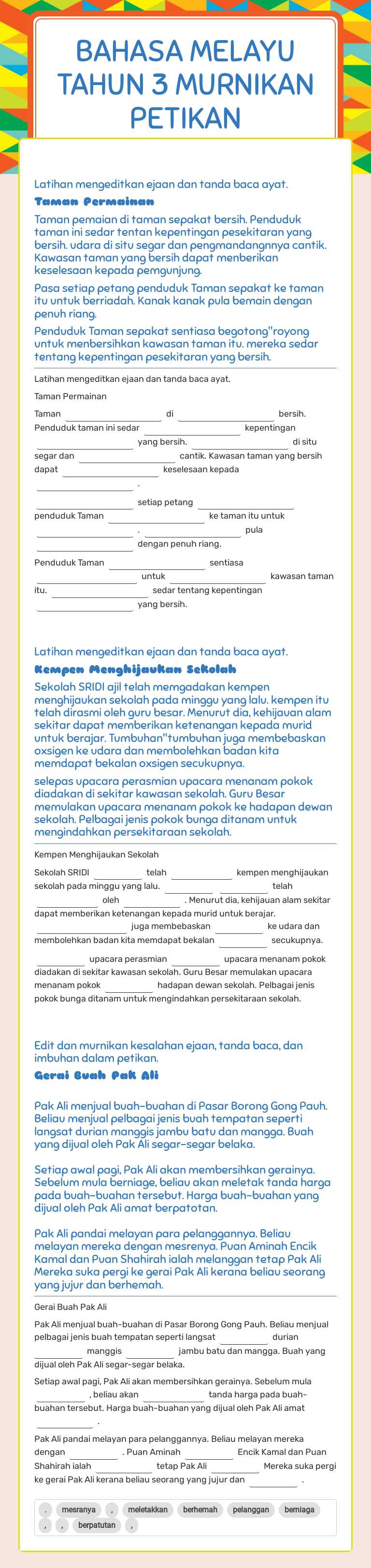 BAHASA MELAYU TAHUN 3 MURNIKAN PETIKAN worksheet preview image