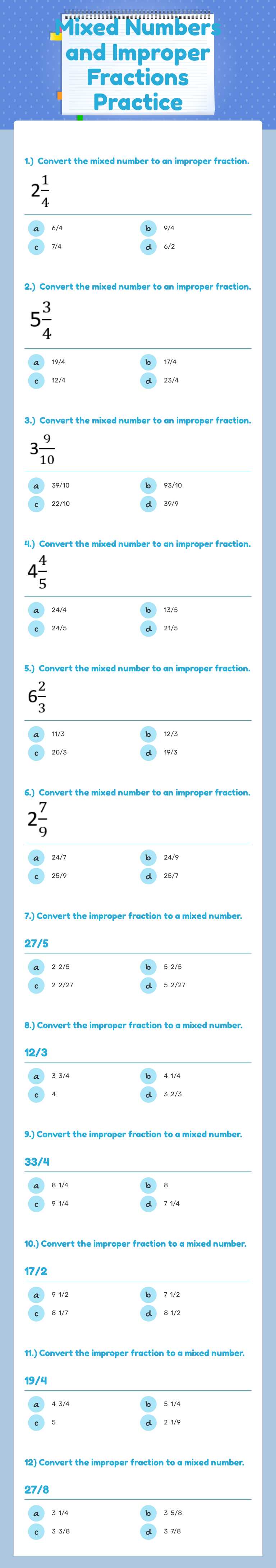 Mixed Numbers and Improper Fractions Practice worksheet preview image