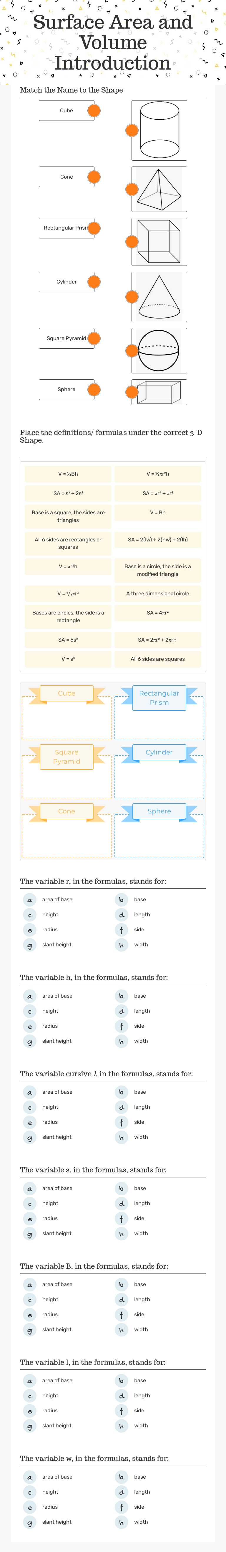Surface Area and Volume Introduction Grade 7 worksheet preview