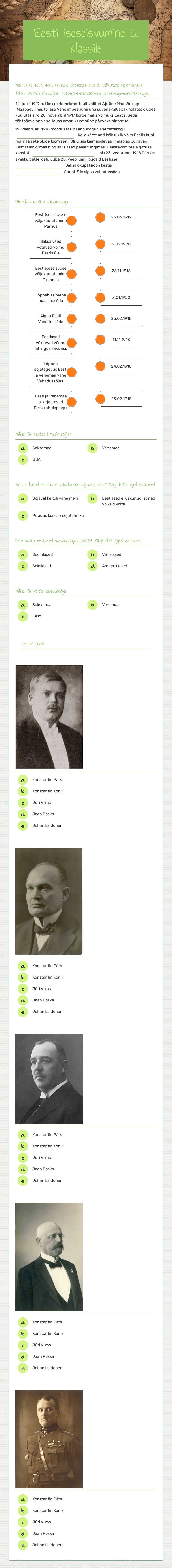 Eesti iseseisvumine 5. klassile worksheet preview image