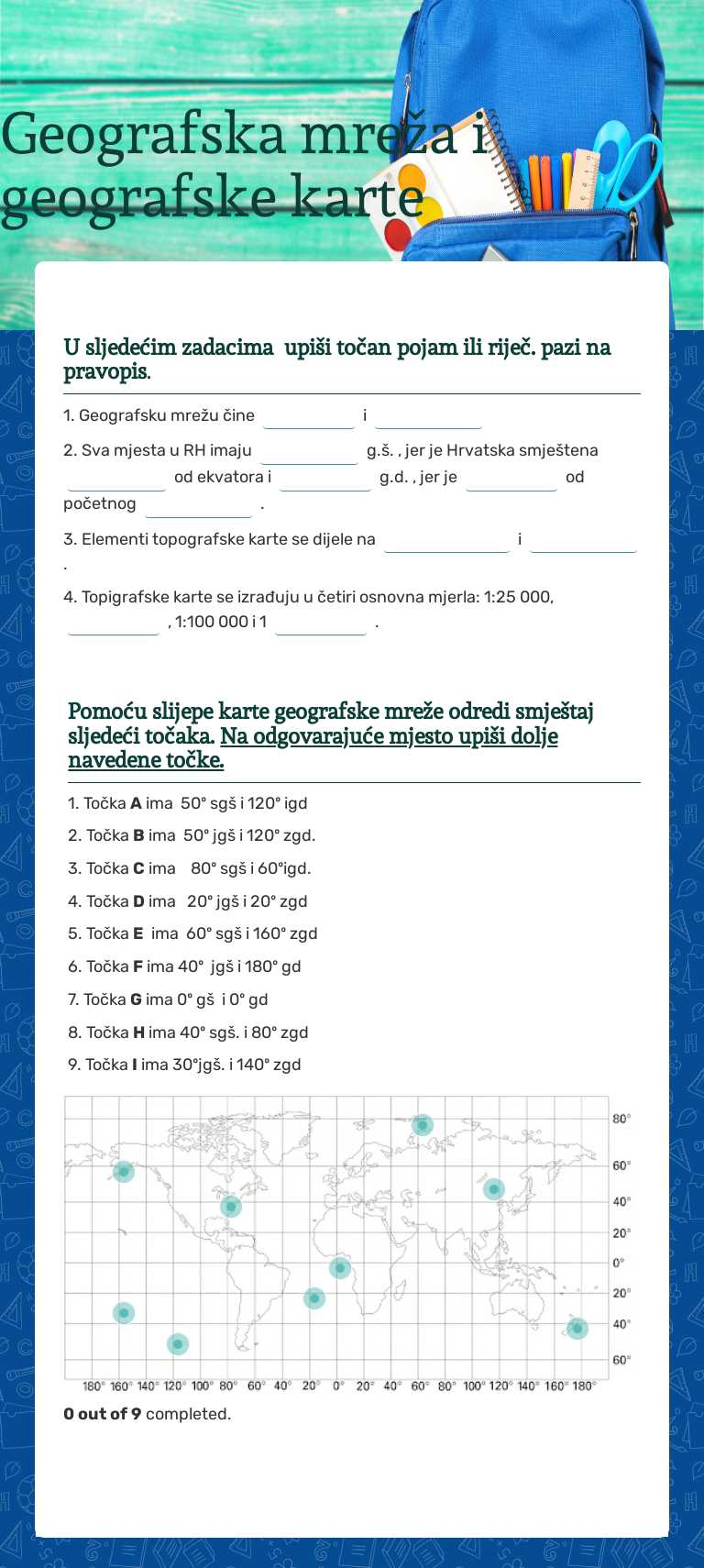 Geografska mreža i geografske karte Grade 8 worksheet preview