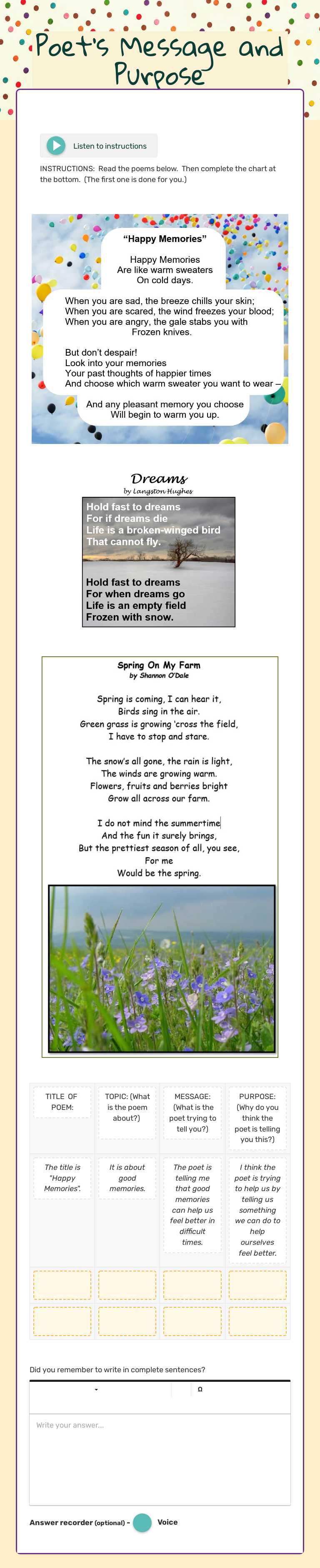Poet's Message and Purpose worksheet preview image