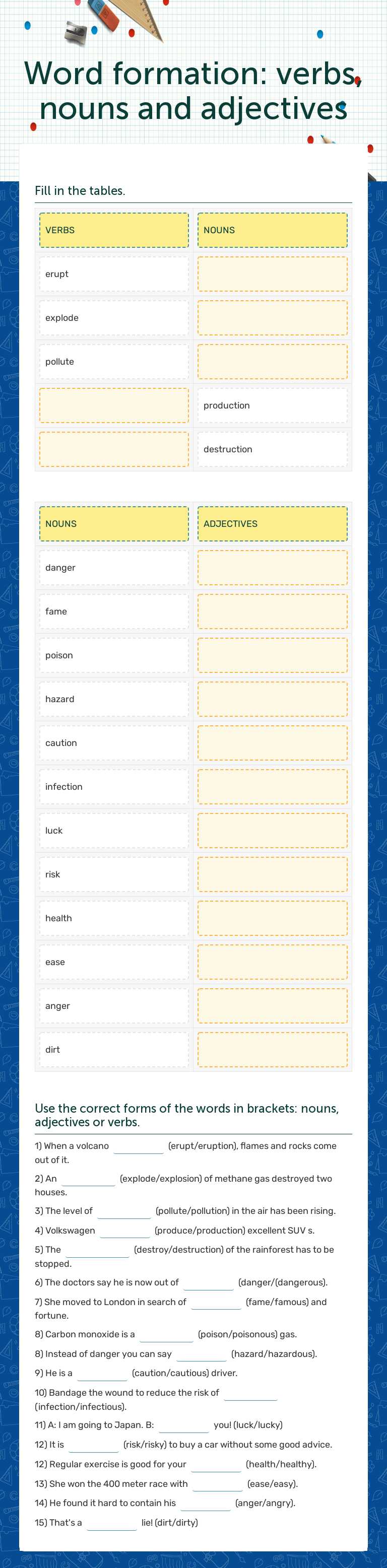 Word formation: verbs, nouns and adjectives worksheet preview image