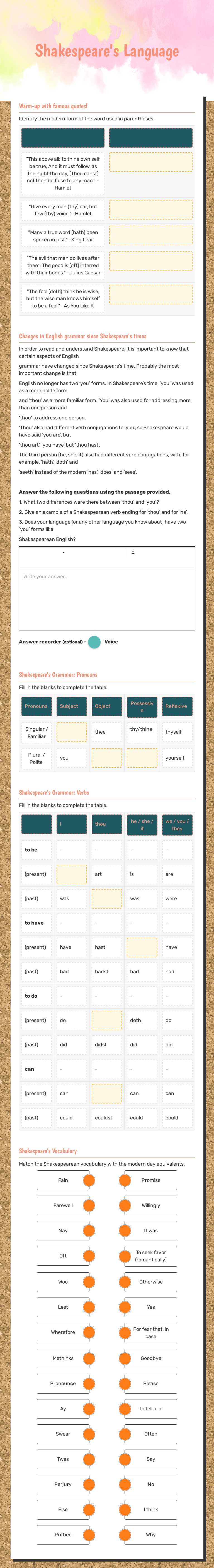 Shakespeare's Language worksheet preview image