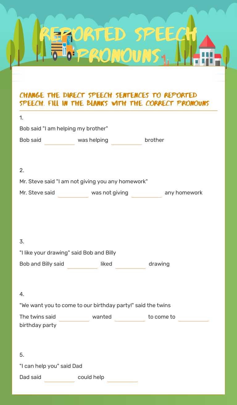 Reported speech pronouns worksheet preview image