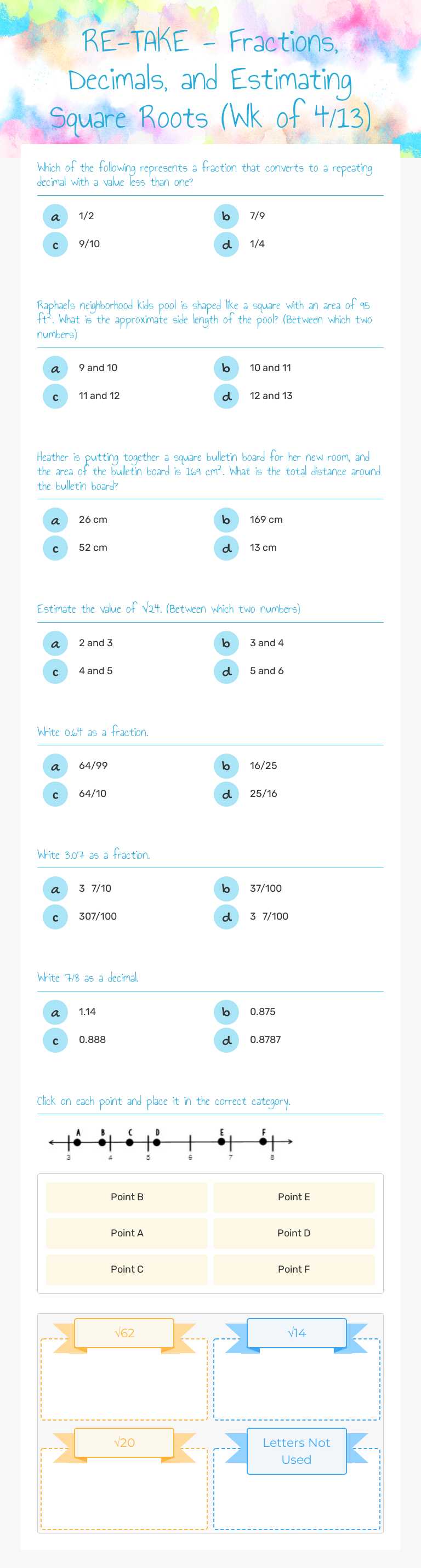 RE-TAKE - Fractions, Decimals, and Estimating Square Roots (Wk of 4/13) Grade 8 worksheet preview