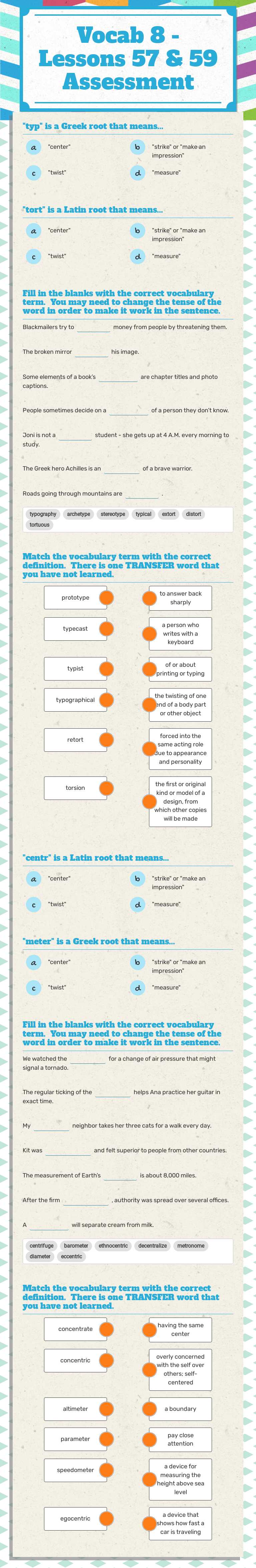 Vocab 8 - Lessons 57 & 59 Assessment worksheet preview image