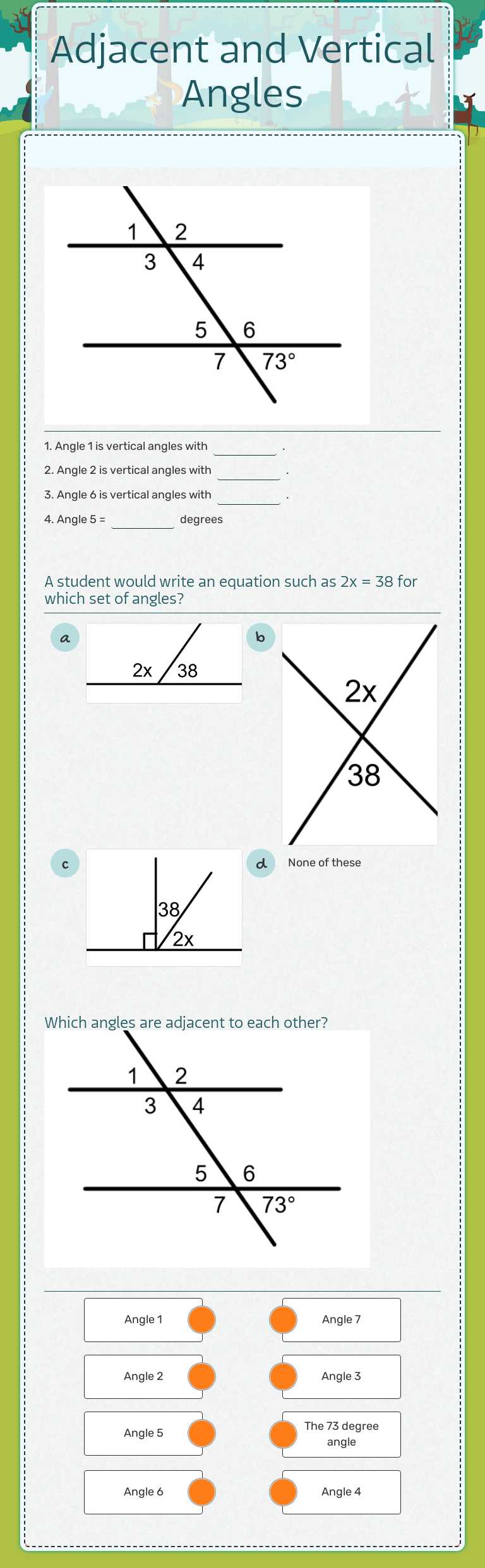 Adjacent and Vertical Angles worksheet preview image
