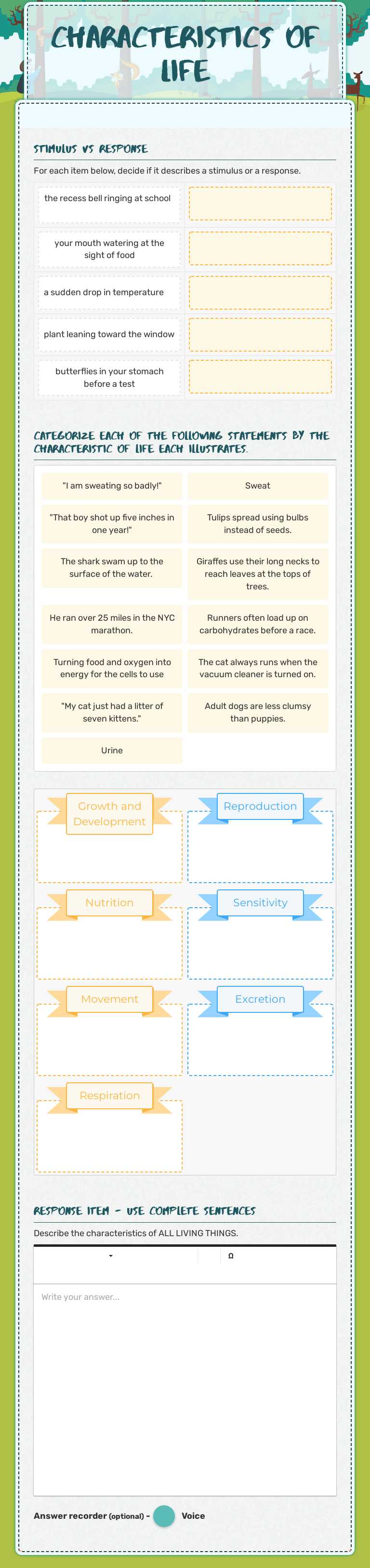 Characteristics of Life worksheet preview image