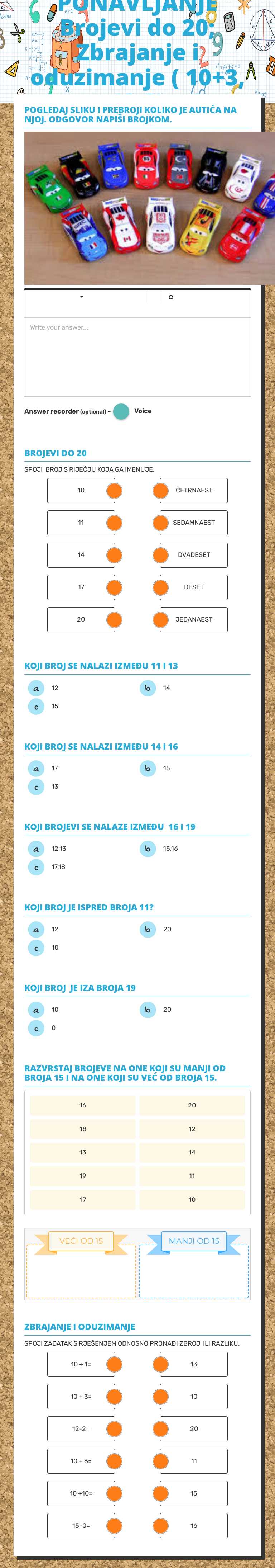 PONAVLJANJE     
Brojevi do 20;  Zbrajanje i oduzimanje ( 10+3, 13-3) worksheet preview image