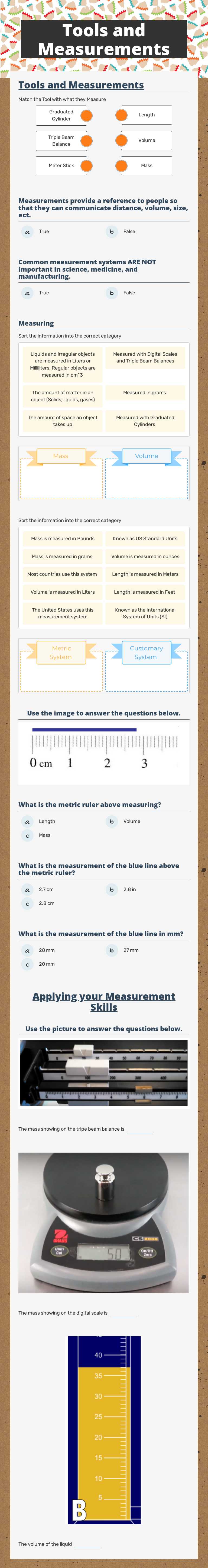 Tools and Measurements worksheet preview image