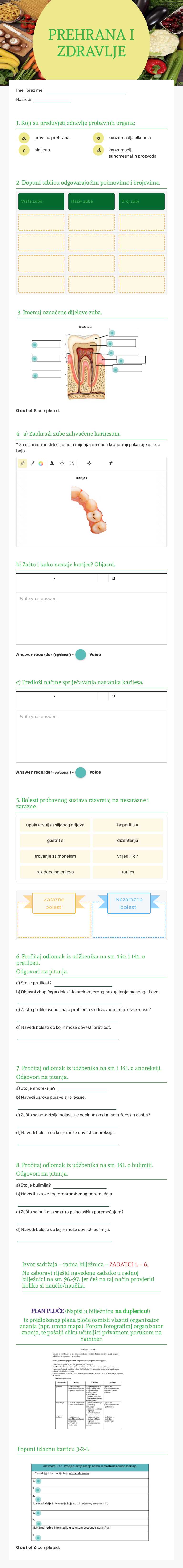 PREHRANA I ZDRAVLJE Grade 8 worksheet preview