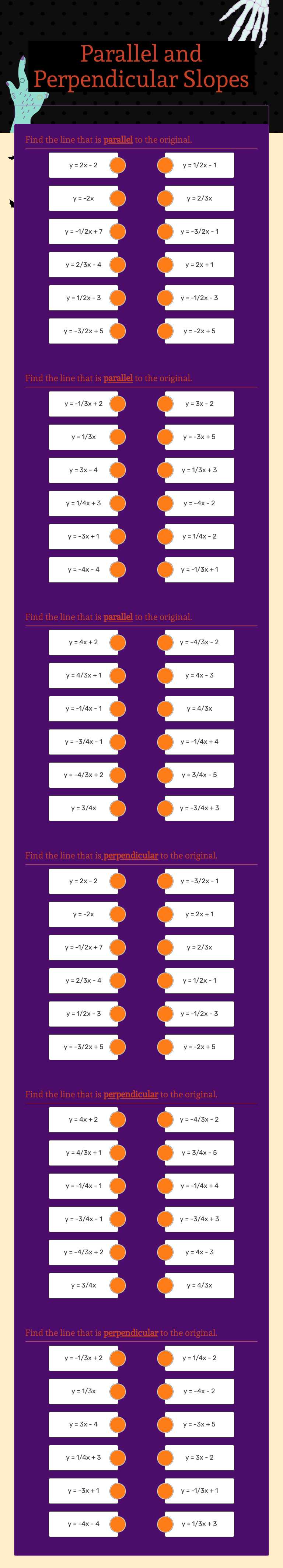Parallel and Perpendicular Slopes worksheet preview image