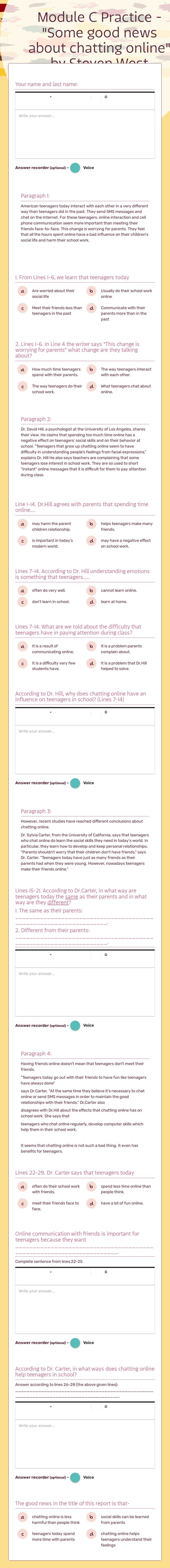 Module C Practice - "Some good news about chatting online" by Steven West worksheet preview image