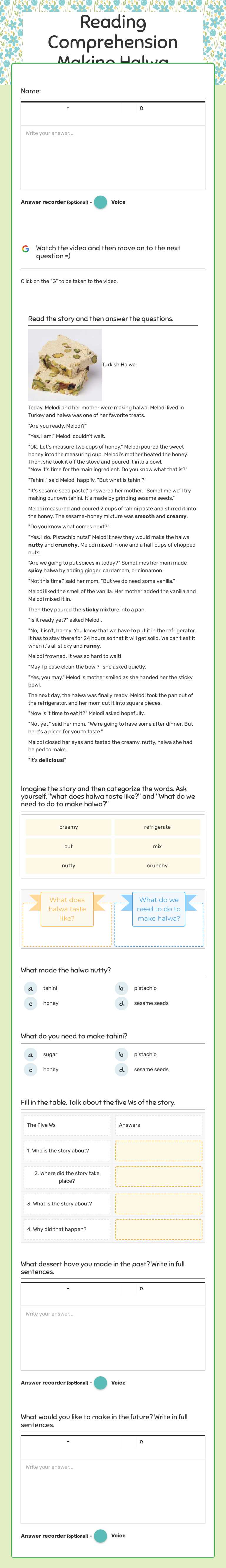 Reading Comprehension Making Halwa worksheet preview image