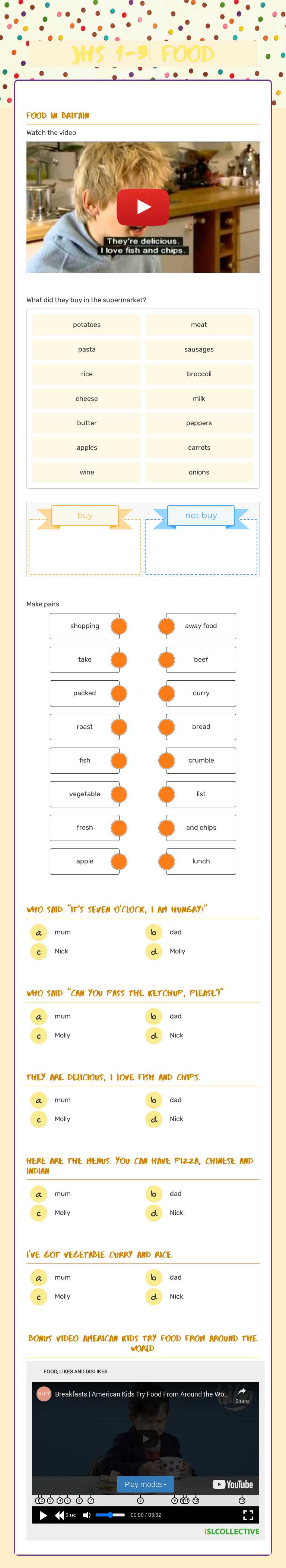 JHS 1-3: Food worksheet preview image