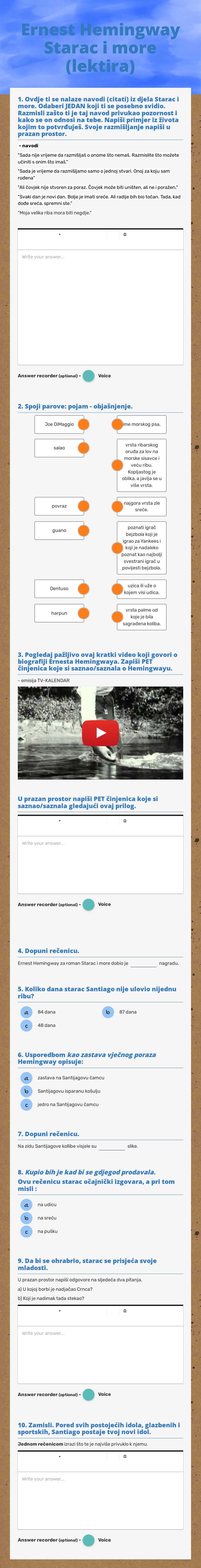 Ernest Hemingway Starac i more (lektira) worksheet preview image