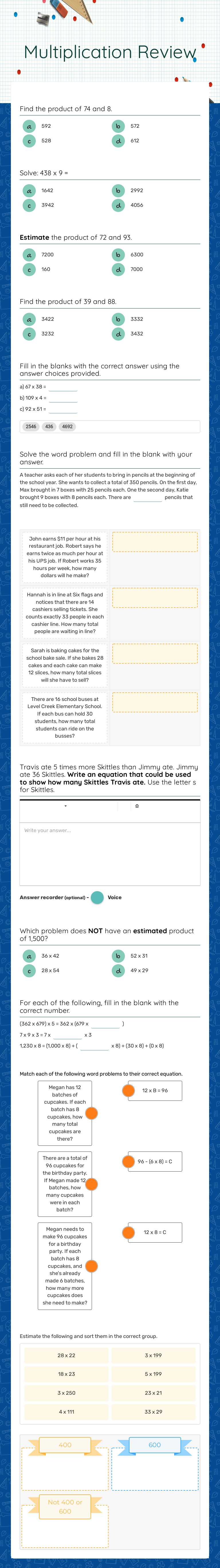 Multiplication Review worksheet preview image