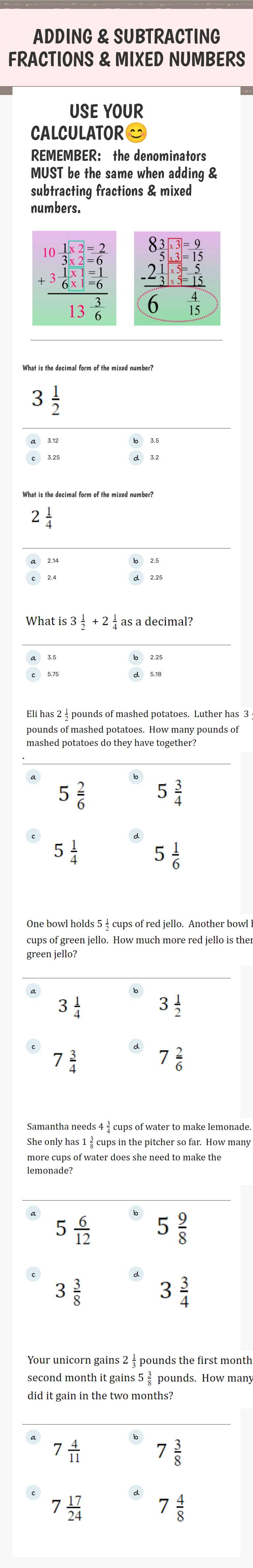 ADDING & SUBTRACTING FRACTIONS & MIXED NUMBERS worksheet preview image