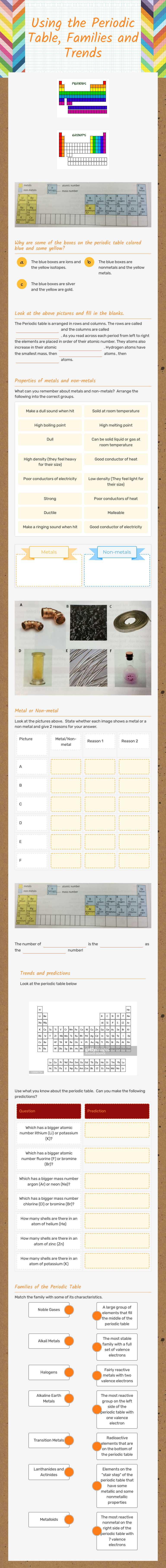 Using the Periodic Table, Families and Trends Grade 8 worksheet preview