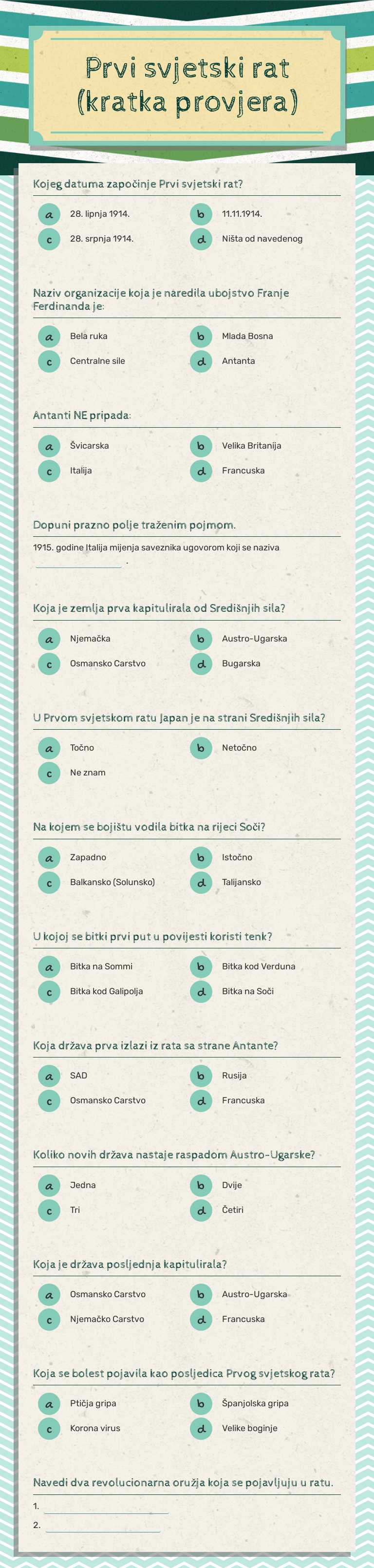 Prvi svjetski rat (kratka provjera) worksheet preview image