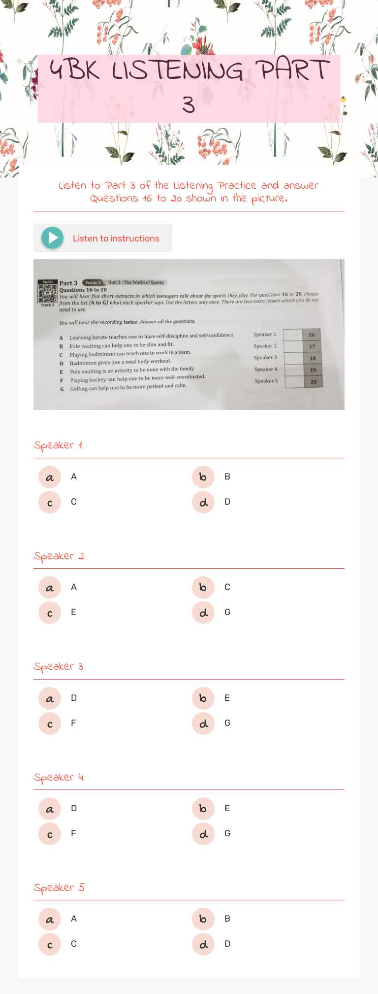4BK LISTENING PART 3 worksheet preview image