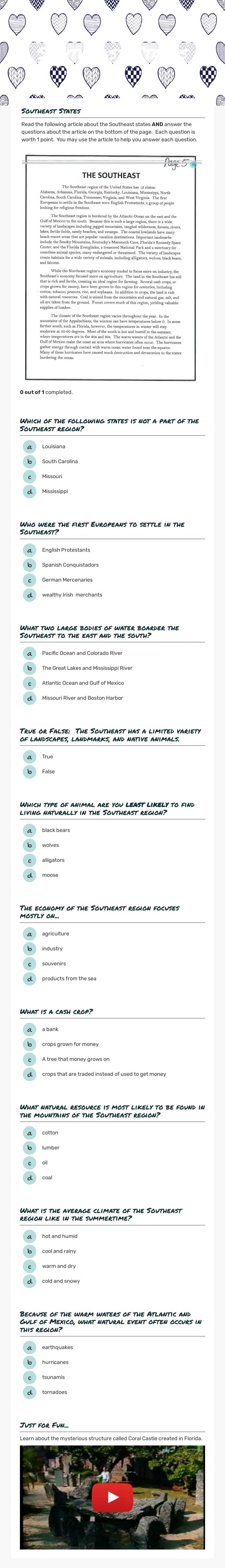 Southeast States Grade 4 worksheet preview