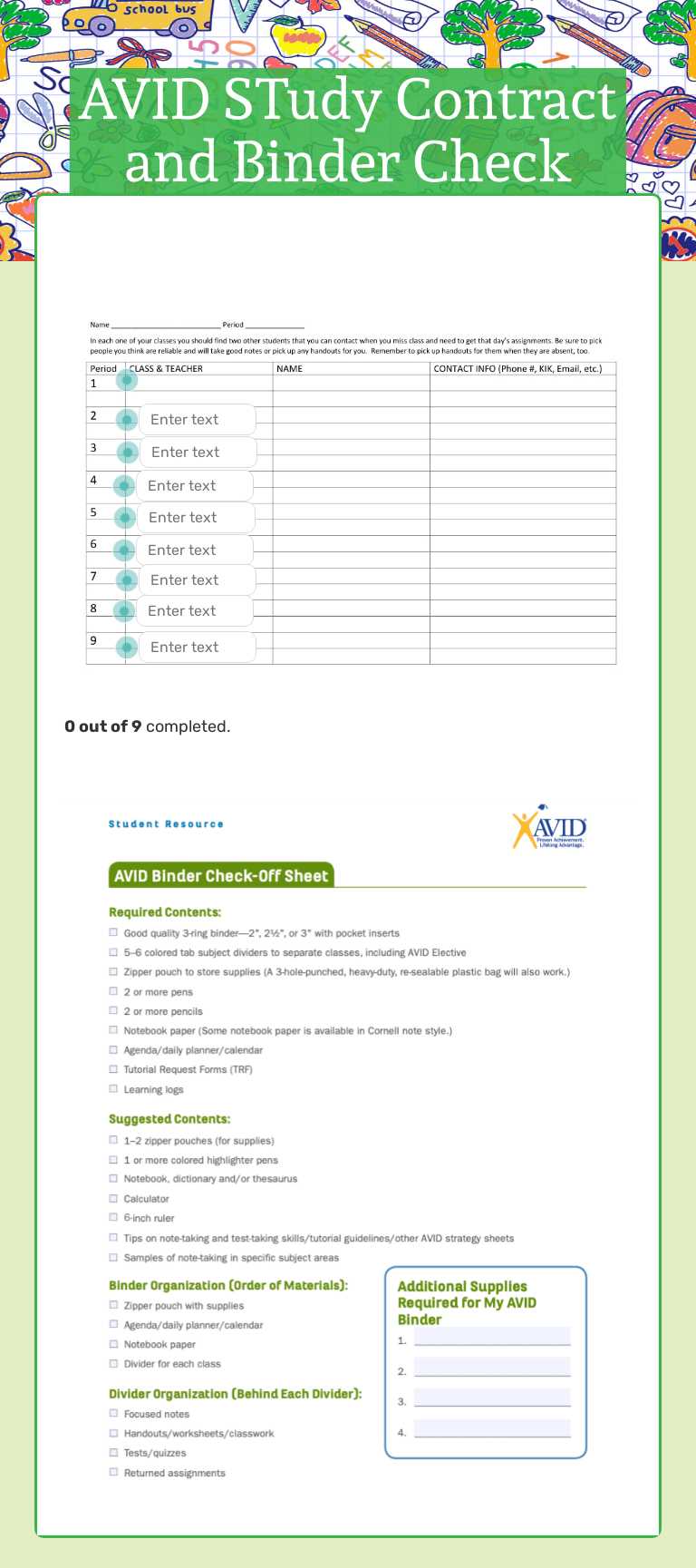 AVID STudy Contract and Binder Check worksheet preview image