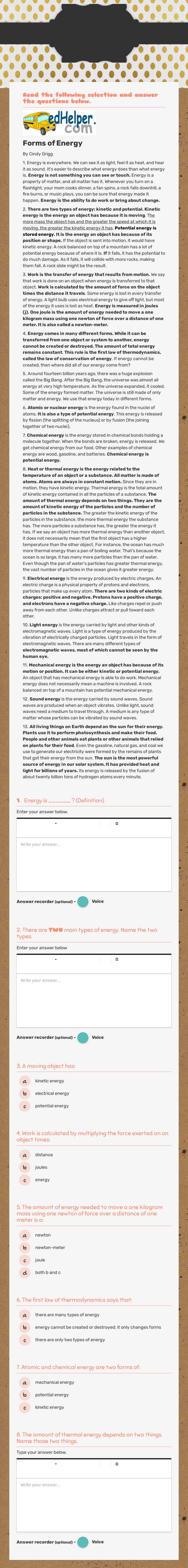 forms of energy worksheet preview image