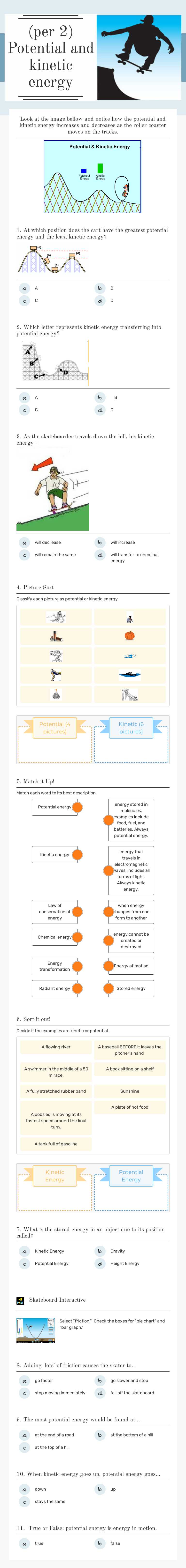(per 2) Potential and kinetic energy Grade 6 worksheet preview