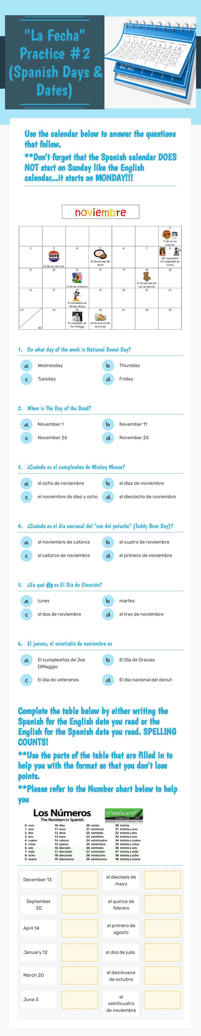 "La Fecha" Practice #2
(Spanish Days & Dates) worksheet preview image