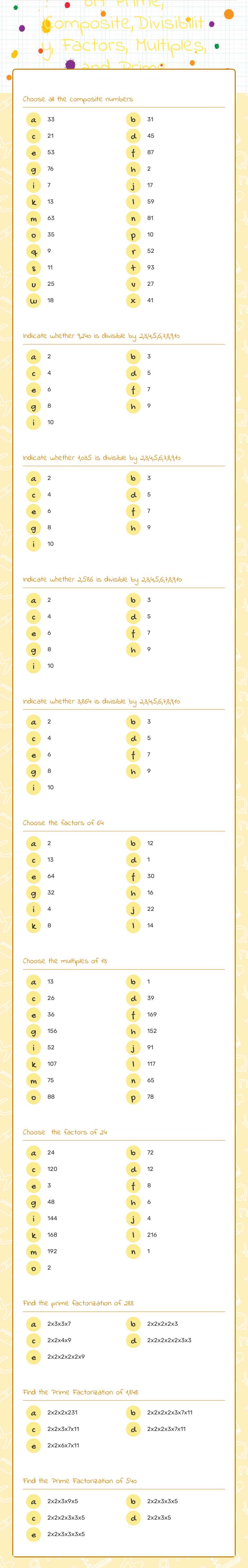 6A Prime, Composite,Divisibility, Factors, Multiples, and Prime Factorization worksheet preview image