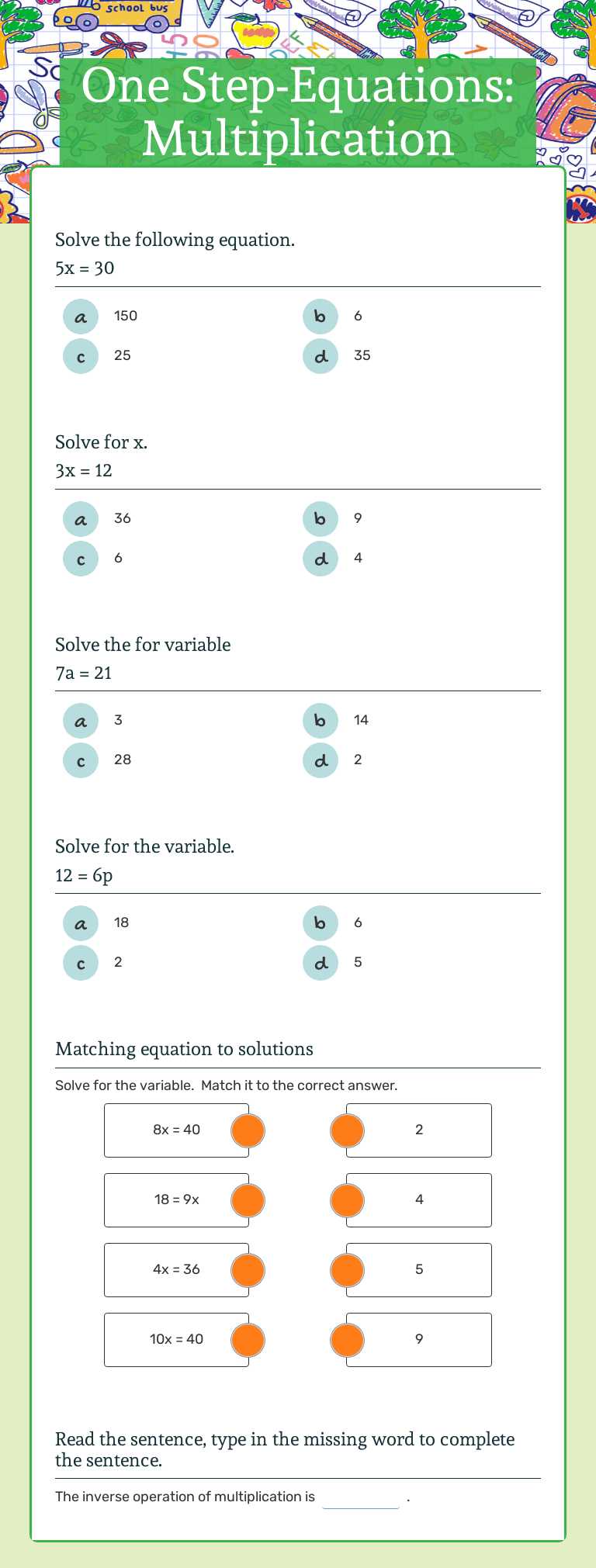 One Step-Equations: Multiplication Grade 6 worksheet preview